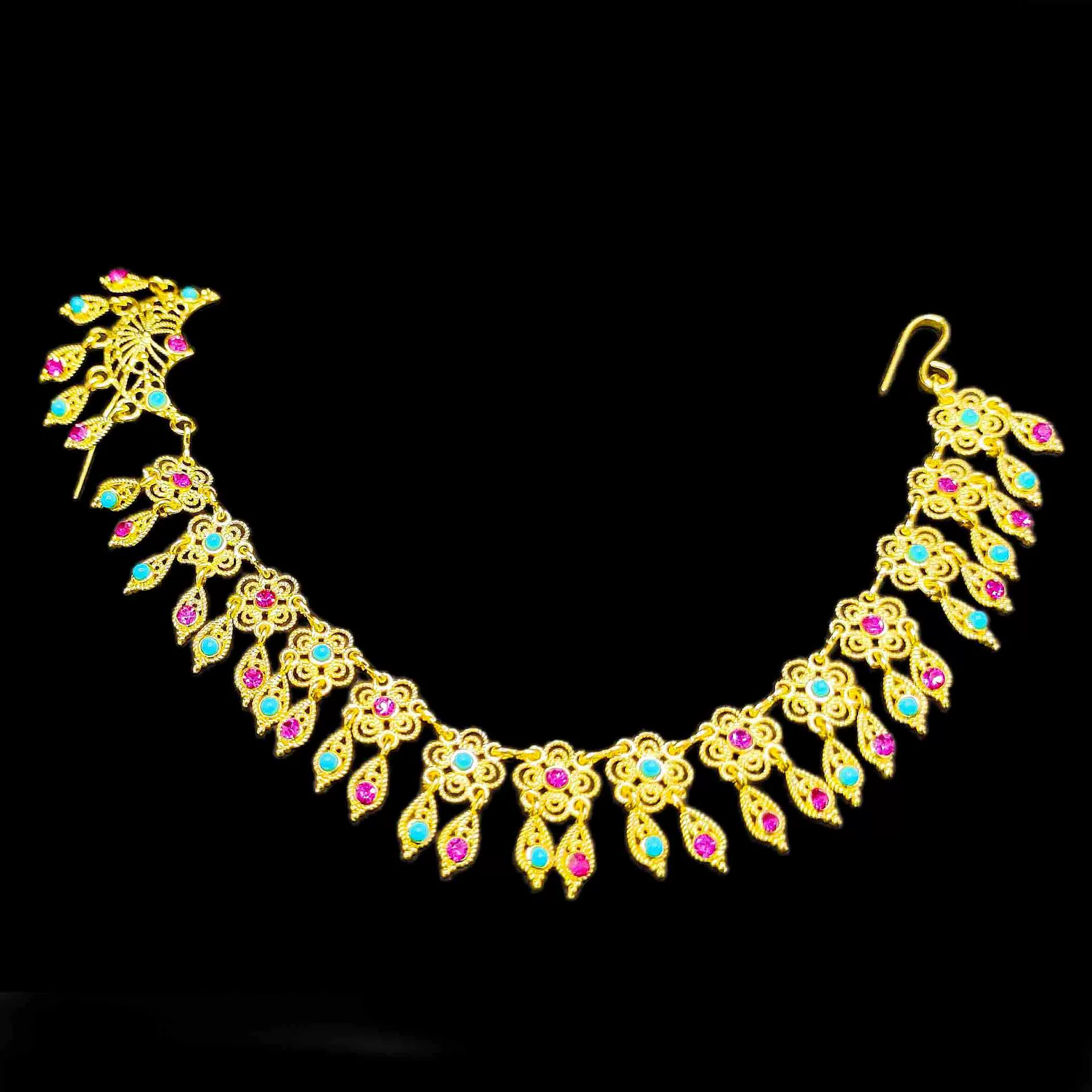 Новая цепочка на лоб в этническом стиле с инкрустацией бирюзой для женщин, богемная медь, позолоченная кисточка, аксессуары для волос, заколка для волос, головной убор