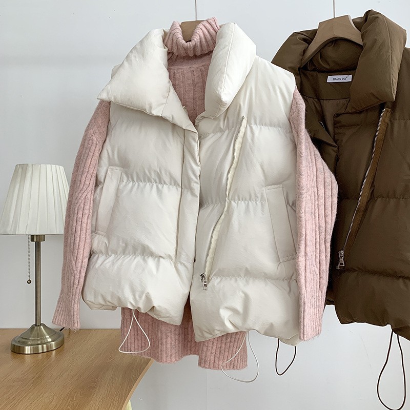 Abbigliamento da donna Giacca in cotone Gilet in piuma Primavera e autunno Gilet largo Collo alto Colore Gilet in cotone_voghion.com