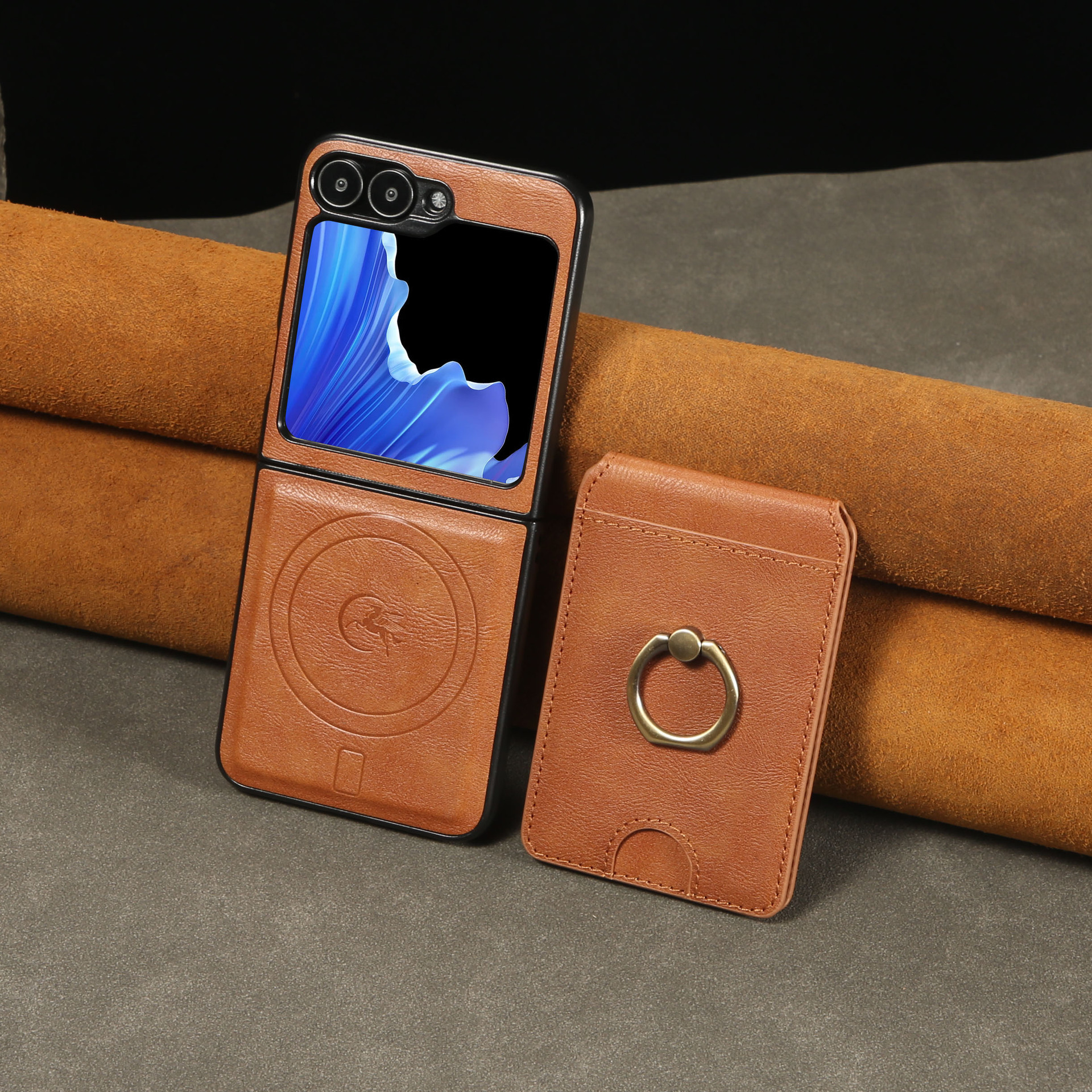 New Samsung ZFlip6 Phone Case Finger Ring Bracket Zflip5 Magnetic Card Bag Leather Protective Cover New