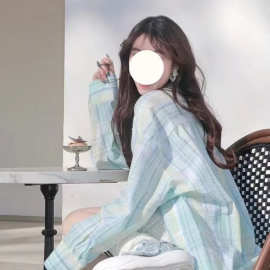 格子薄荷绿polo领格子衬衫女春夏韩版防晒新款幂式穿搭长袖衬衣
