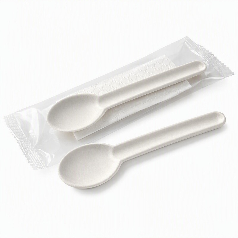 Disposable individually packaged spoons made of sugarcane pulp, commercial use with paper napkins, take-out packaging cutlery, biodegradable, available in bulk Disposable individually packaged spoons made of sugarcane pulp, commercial use with paper napkins, take-out packaging cutlery, biodegradable, available in bulk
