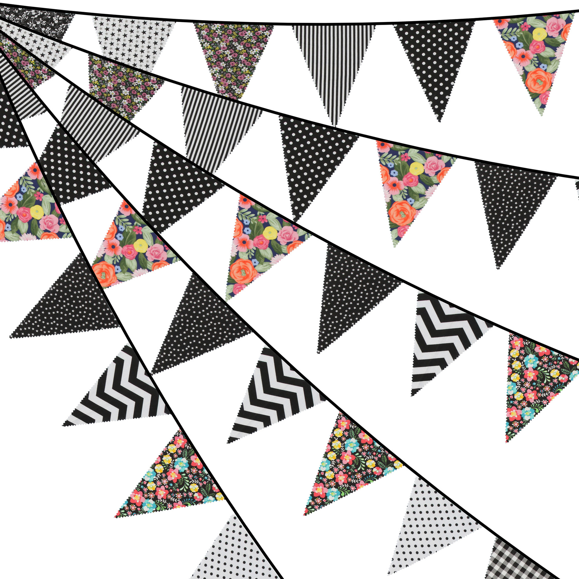 12 Meter 42 Stücke bunte Blumenwellen-Einzelschicht-Baumwolldreiecksflagge Geburtstagsflagge Fotohintergrund Western-Hochzeitsflagge_voghion.com