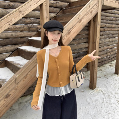 大码女装韩版拼接裙摆女开衫温柔风气质秋季修身上衣