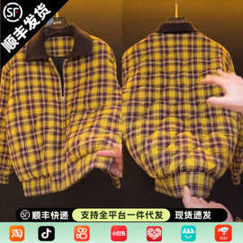 2025秋冬新款格纹棉服男加厚保暖翻领夹克外套宽松潮流时尚百搭