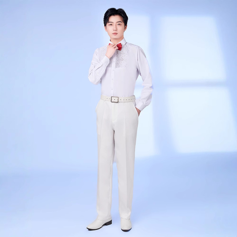 Men's Performance Shirt Long-Sleeved Youth Stage Performance Glitter Sequin Shirt Dance Wear Wedding Chorus Shirt