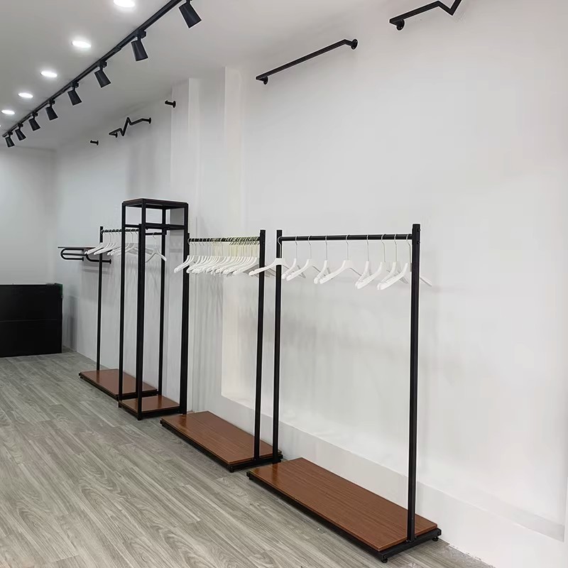 Tienda de ropa colgar percha de ropa tubo cuadrado hierro forjado negro tipo suelo colgante lateral estante de boda tienda de ropa infantil estante de exhibición de estantes de isla