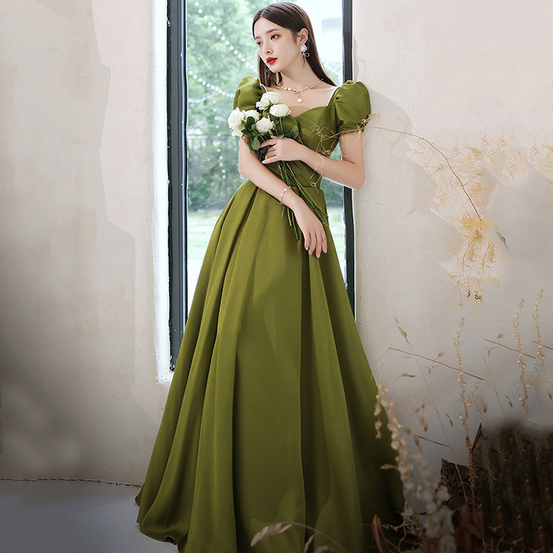 Green One-Shoulder Evening Dress, Banquet Style, Long Lady Dress, Host Student Art Exam Dress, Dress