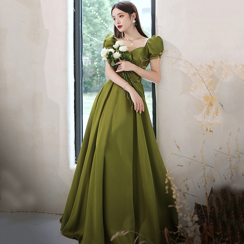 Green One-Shoulder Evening Dress, Banquet Style, Long Lady Dress, Host Student Art Exam Dress, Dress