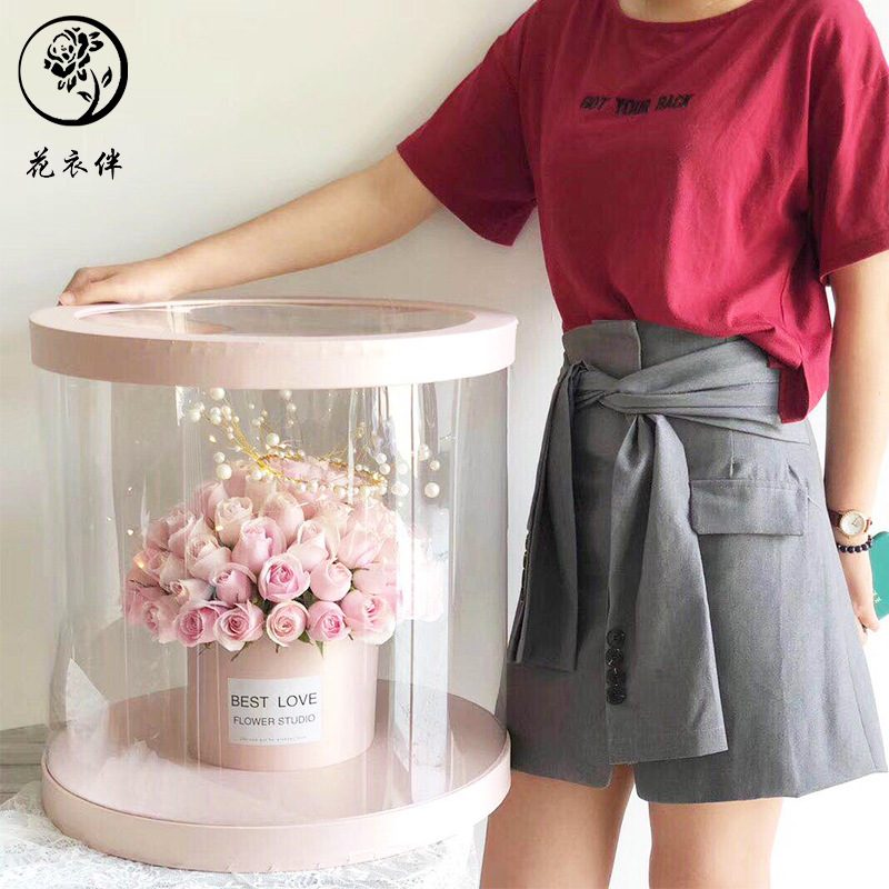 巨型圆形韩式手捧花盒pvc抱桶抱抱桶情人节超浪漫手捧鲜花缘之染
