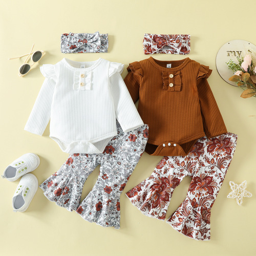 Set of baby and children's onesies and long pants for autumn , European and American girls' solid color onesies and bell-bottom pants set