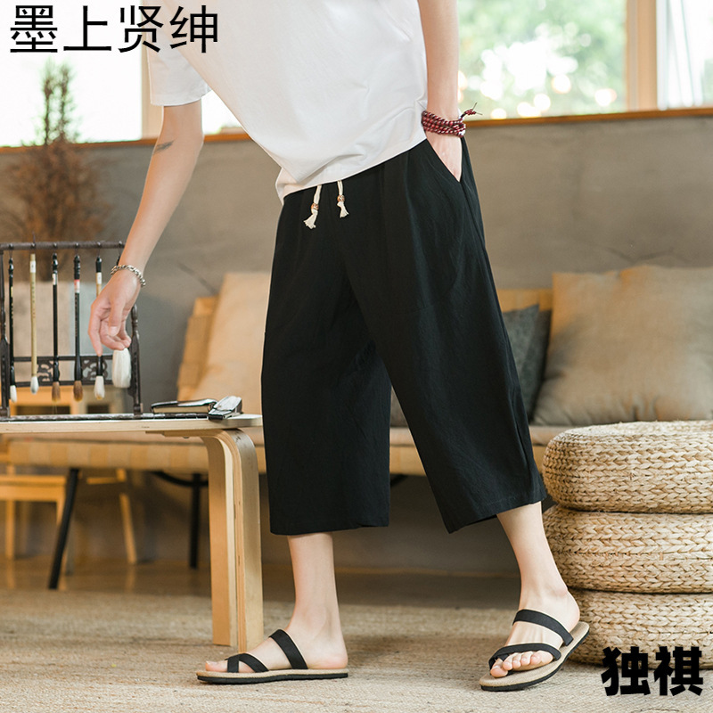 Pantalones cortos de lino Pantalones cortos de pierna ancha sueltos y delgados de estilo chino para hombres Pantalones cortos casuales de algodón y lino de gran tamaño de verano juvenil