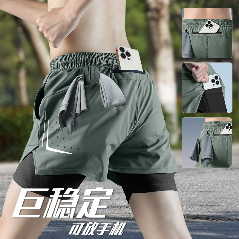 Sports Shorts for Men's Running Special Mobile Phone Summer New Professional Training Quick-drying Triple Pants Lined Pants