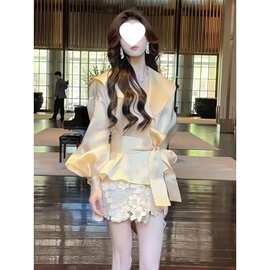 黄色泡泡袖绑带衬衫套装裙轻奢感女人味大方得体穿搭两件套夏