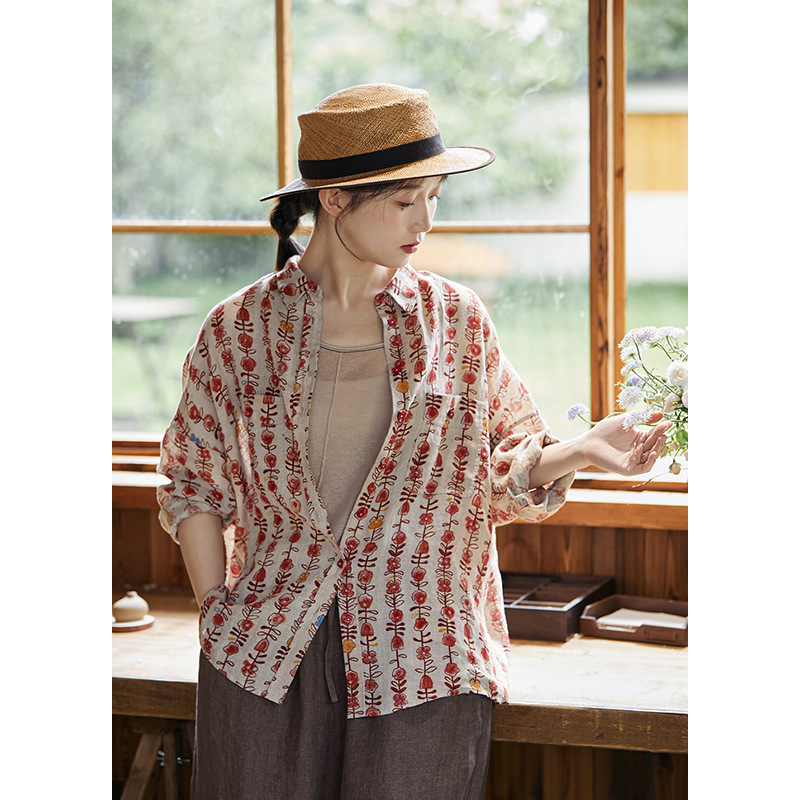 Artistic Retro Original 28-Count Linen Casual Women's Clothing Poppy Print Loose Plus-Size Turn-Down Collar Large Shirt