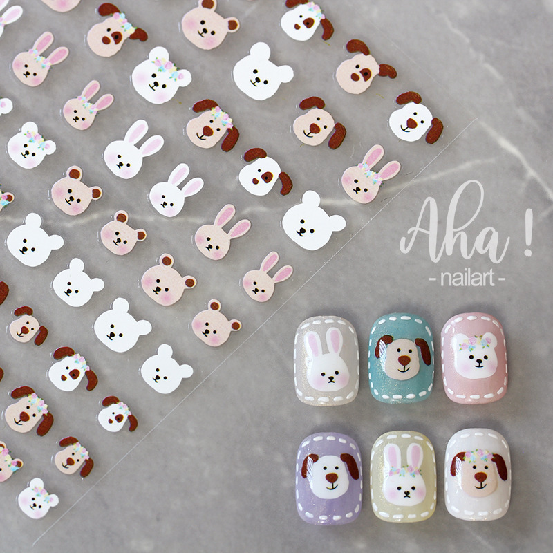 Aha Nail Stickers Cute Cartoon Rabbit Bear Animal Nail Decals Nail Accessories Wearable Nail Stickers