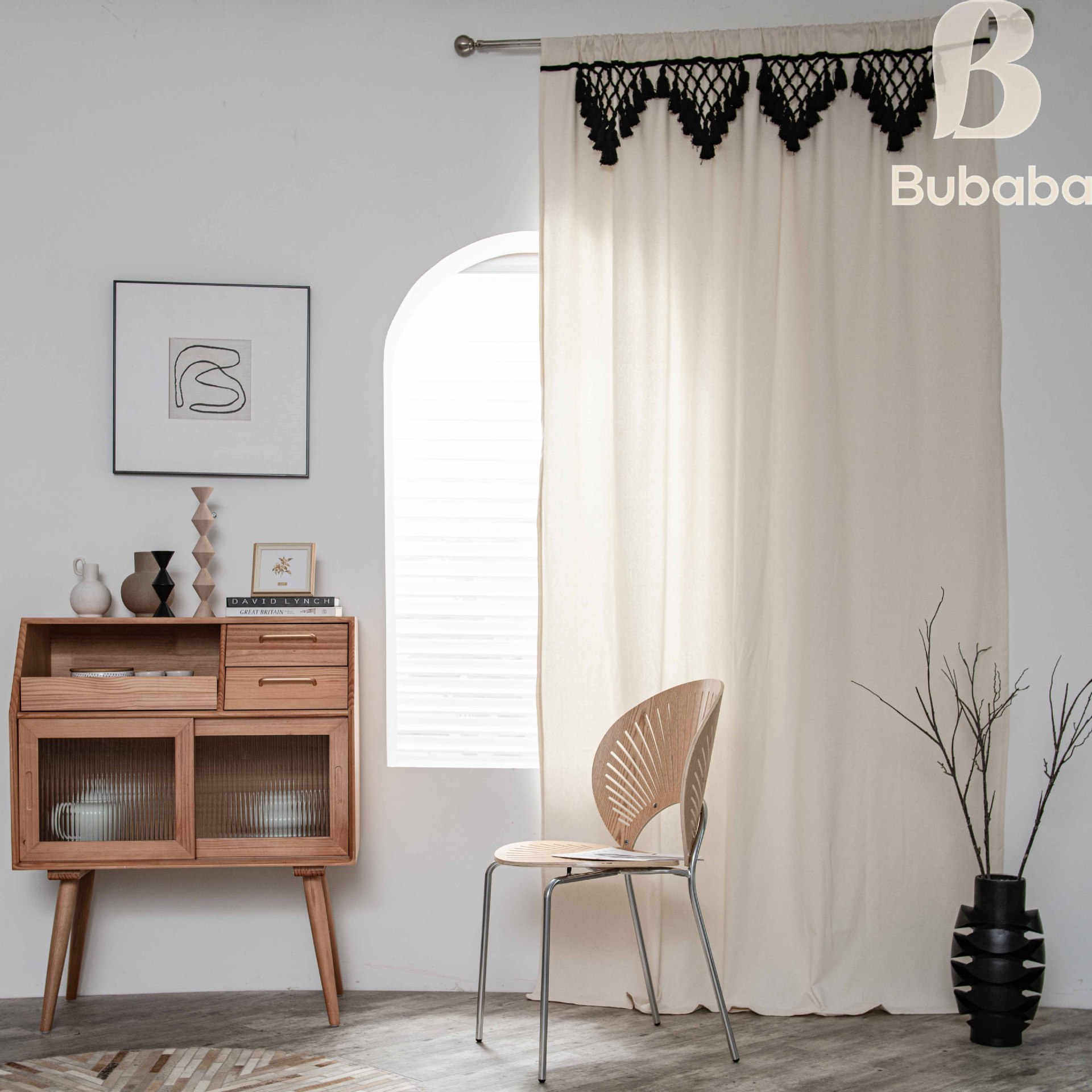 Buba Producto terminado Color sólido Algodón Lino Borla Triangular Dormitorio Sala de estar Ventanal Mampara Semiopaca_voghion.com