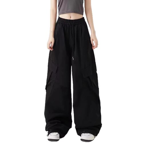 Slim Fit American Style Ins Black Work Pants for Men and Women, Drawstring Design, Casual Wide Leg Pants, Relaxed Fit Jazz Dance Pants