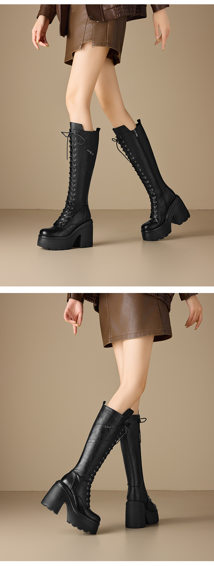 Boot nữ cổ cao ôm bắp chân, gót 12 cm, phong cách Anh, da thật, buộc dây, đế dày — nhung nâu chi tiết 7