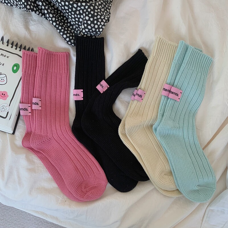Socks women's mid-calf socks thick line pink mid-calf solid color knitted pile socks ins men's cotton socks Zhuji wholesale label
