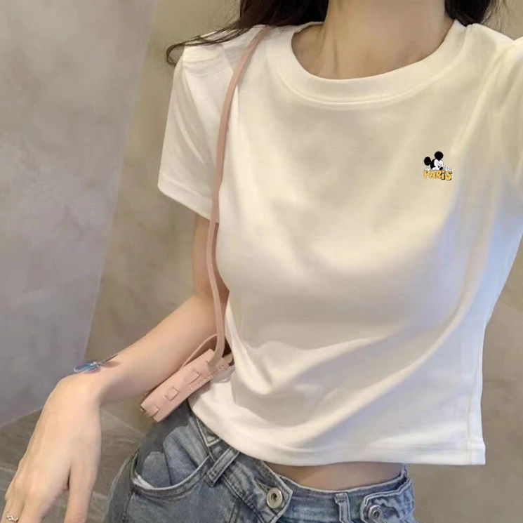 White Short-sleeved T-shirt Women's 2024 Summer New Korean-style Slim-fit Slimming Short Cartoon Printed Top Ins Trendy White Short-sleeved T-shirt Women's 2024 Summer New Korean-style Slim-fit Slimming Short Cartoon Printed Top Ins Trendy