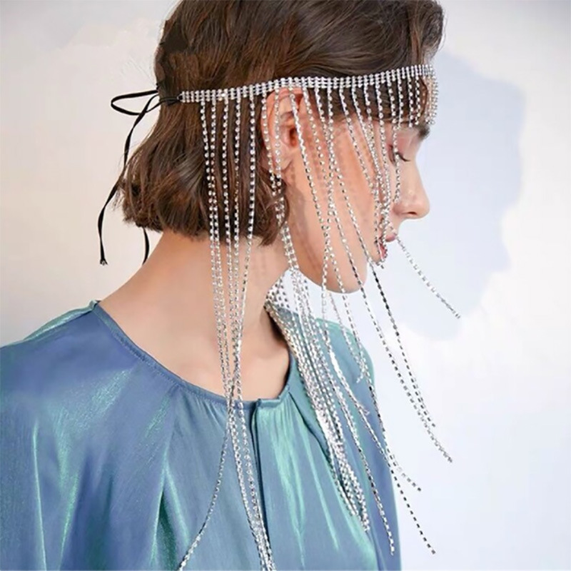 Tendencia transfronteriza rhinestone diadema personalidad europea y americana moda borla frente cadena alto sentido accesorios headwear