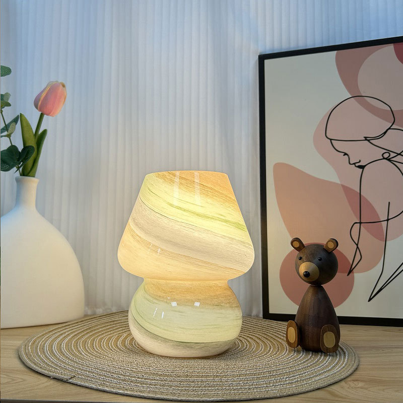 Lámpara de mesa decorativa para dormitorio, con forma de hongo, funciona con pilas, estilo nórdico moderno minimalista, de vidrio, para exportación.