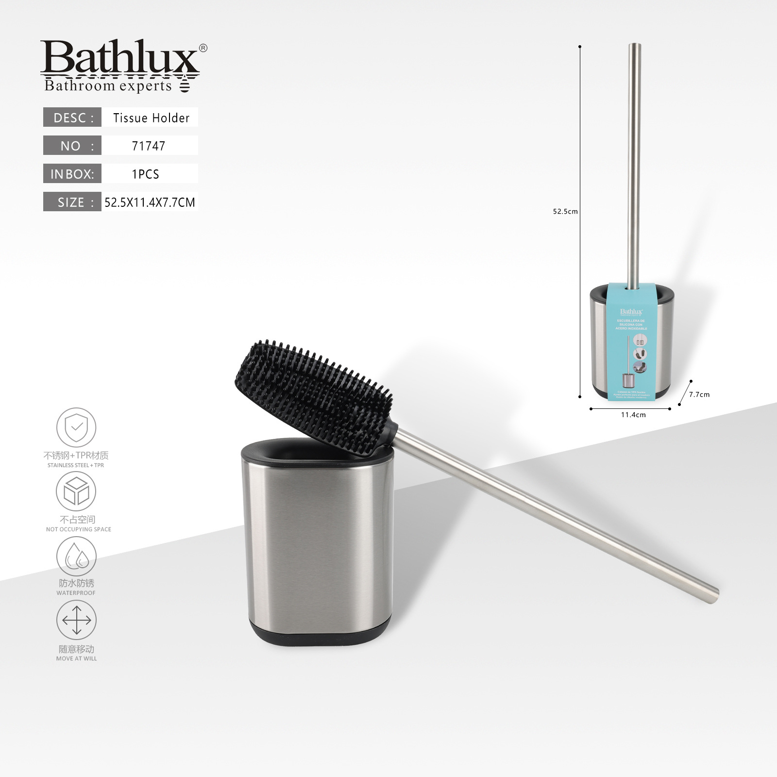 Acero inoxidable cepillo de inodoro baño doméstico material TRP conjunto de cepillo de limpieza de inodoro con base Bathlux