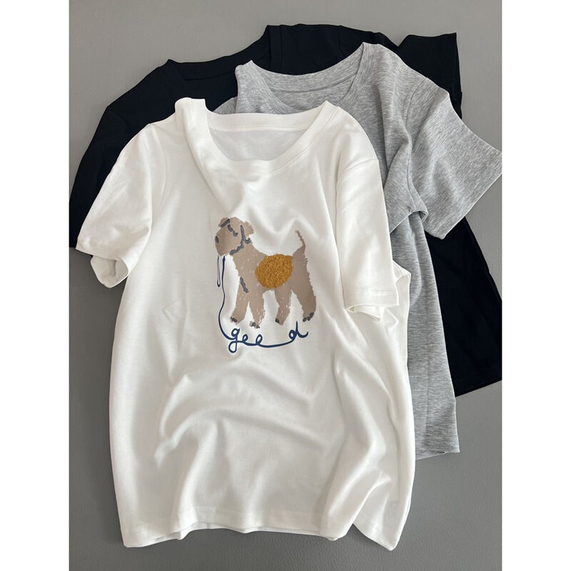 Yan Value and Quality 95 Cotton Embroidered Puppy Printed Short Sleeve Summer New Round Neck Casual Style T-Shirt Top for Women
