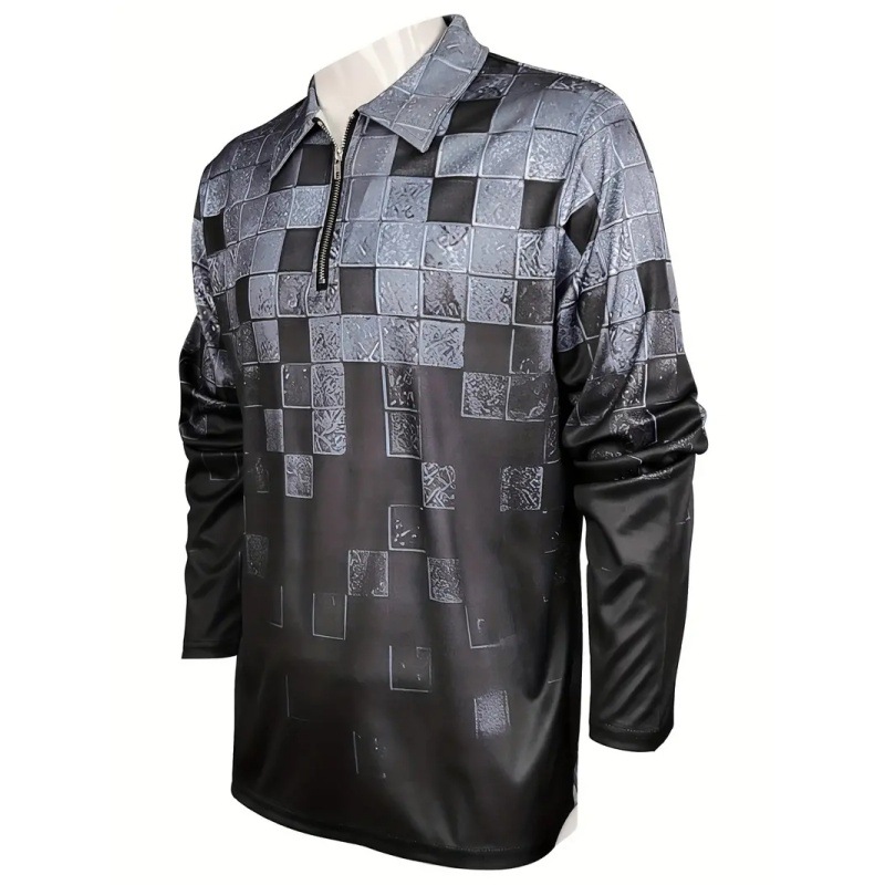 2024 venta caliente geométrico metal sensación cuadrado estampado 3D hombres primavera y otoño manga larga suelta transpirable cremallera POLO camisa