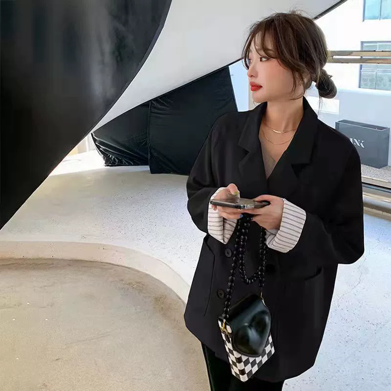 【】Весенне-осенний повседневный костюм в корейском стиле, двубортный пиджак средней длины большого размера, женственная повседневная мода