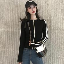 春秋新款针织开衫女短款条纹长袖运动上衣港味紧身外搭拉链薄外套