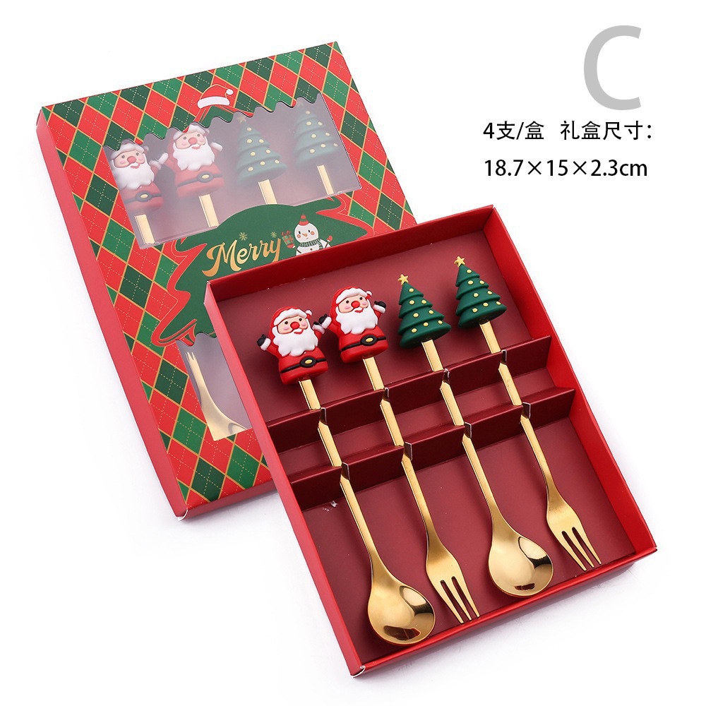 Cuchara de acero inoxidable creativa árbol de Navidad café tartar postre horquilla de fruta muñeca cuchara horquilla cubierta set de regalo