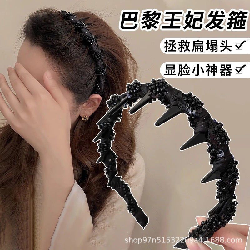 2025新款巴黎王妃镶钻发箍外戴黑色发箍高颅顶带齿梳波浪防滑头箍|undefined