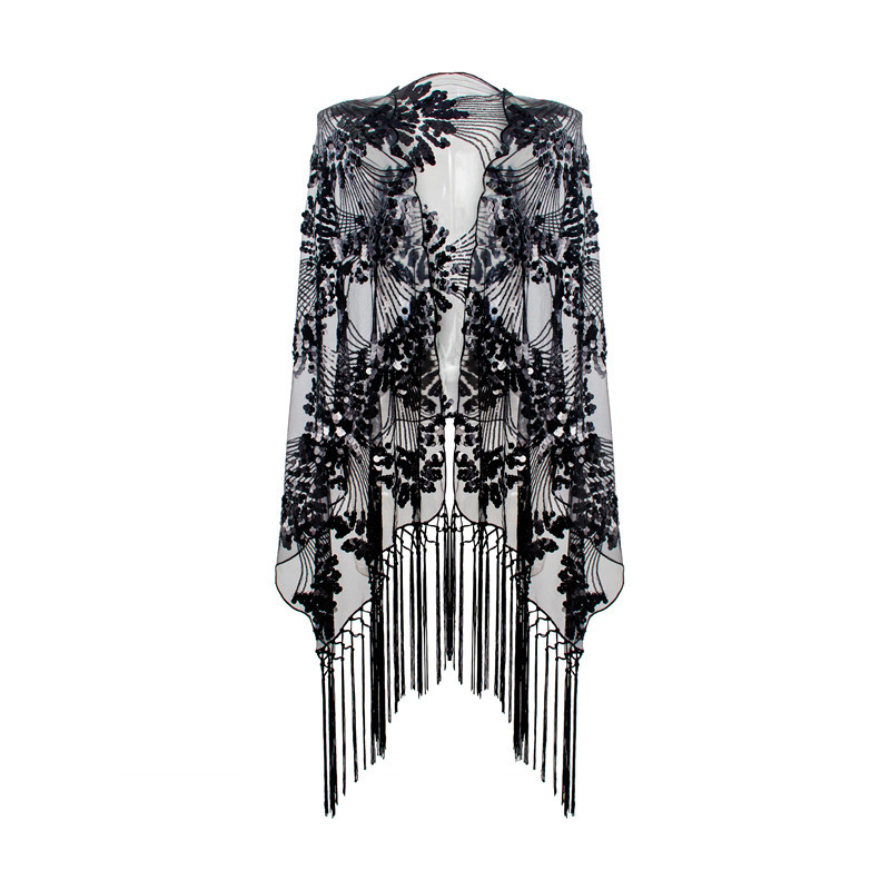 1920s亮片禮服女披肩歐美派對宴會複古網眼流蘇晚禮服亞馬遜跨境