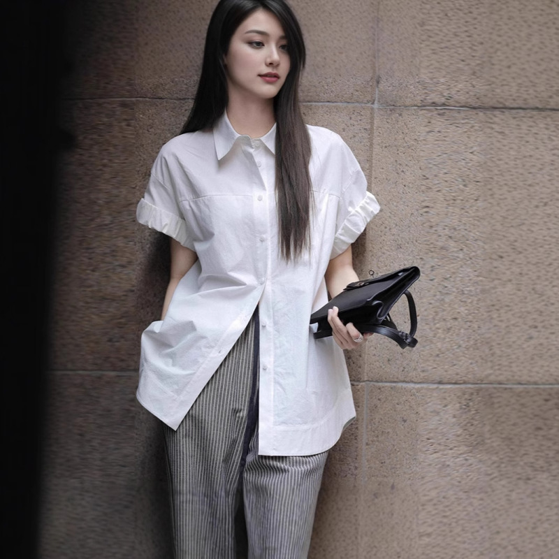 Official Website Light Blue Women's Short-Sleeve Shirt 2026 Summer and Autumn New Design Niche Mid-Length Pure Cotton Top Official Website Light Blue Women's Short-Sleeve Shirt 2026 Summer and Autumn New Design Niche Mid-Length Pure Cotton Top