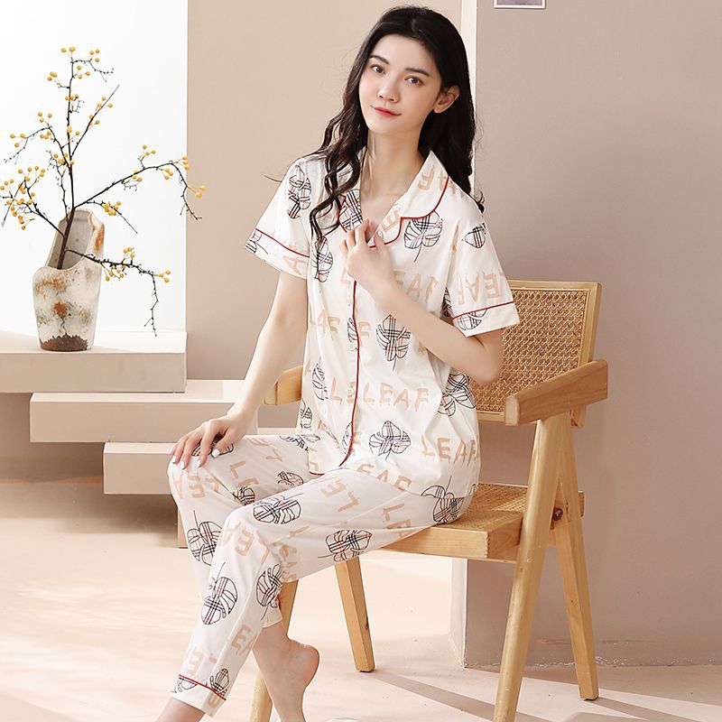 Pijamas de mujer primavera y verano 2023 nuevo 100% algodón cardigan pantalones de manga corta casual traje de desgaste para el hogar