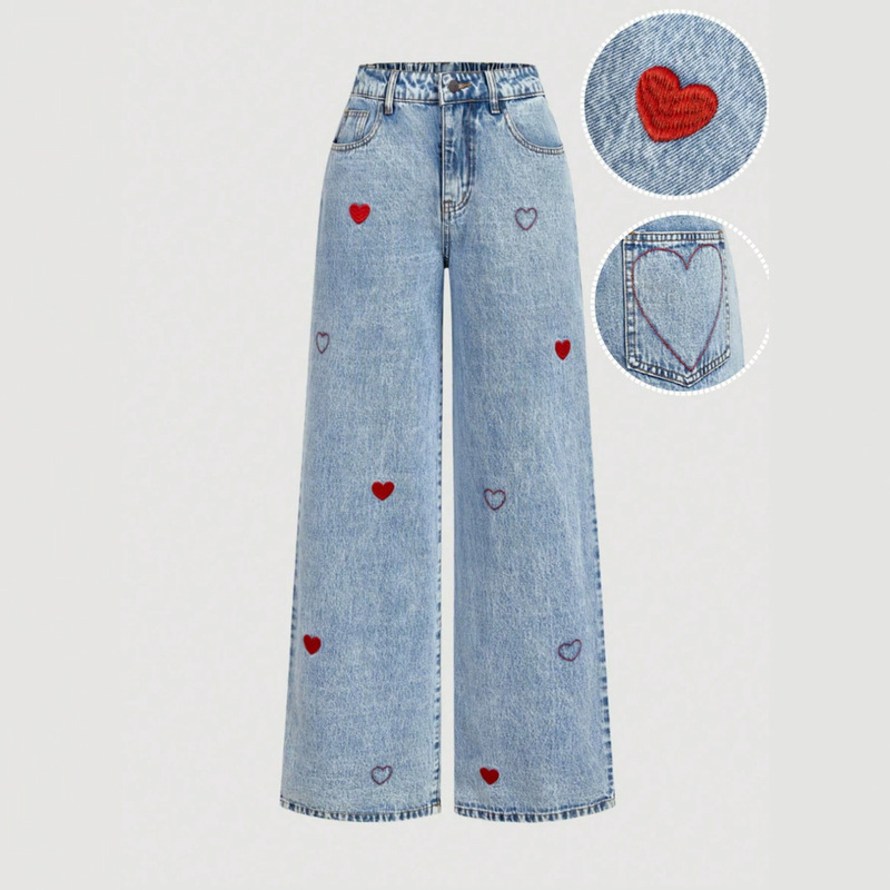 X-Spot Goods-66311 # Amazon Cross-Border European and American Wide-Leg Pants Casual Love Heart Embroidery Women's Jeans Long Pants