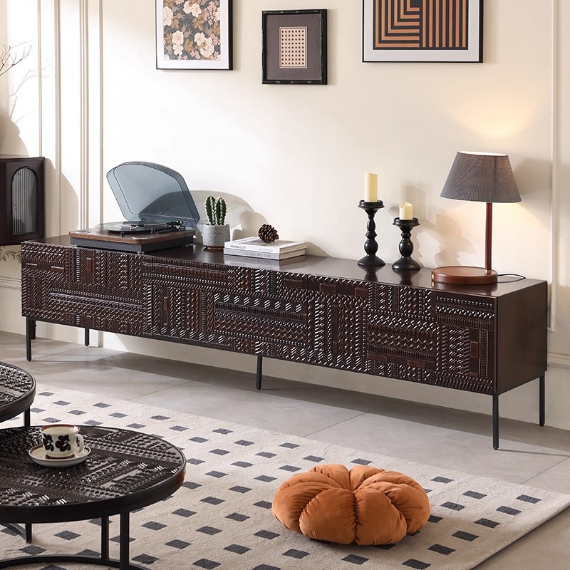 Medieval Style Household Solid Wood Storage Integrated Relief Tv Cabinet Living Room Floor-Standing Modern Simple Storage Cabinet with Drawers