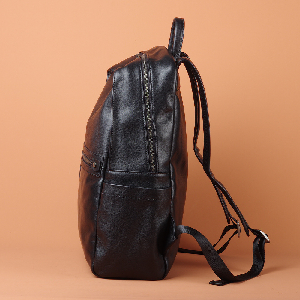 New Top Grain Cowhide Leather Backpack Laptop Bag Business Commuter Black Unisex Travel Backpack - Thumbnail 2