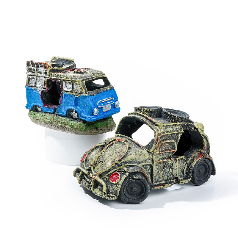 Venta caliente decoración de acuarios restos de coche pecera paisajismo resina pescado camarones adorno esquivar coche viejo autobús spot