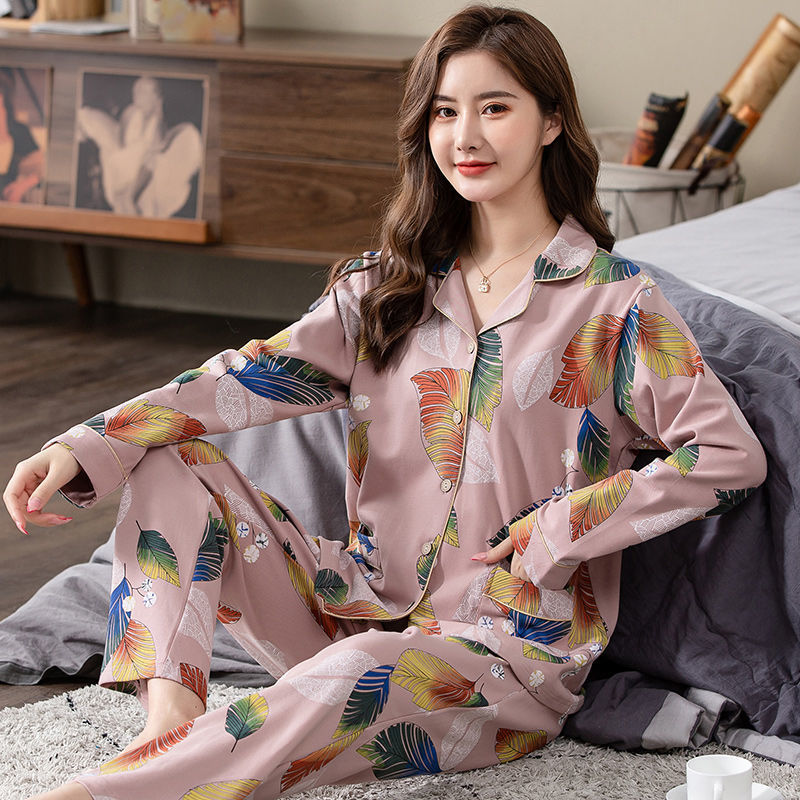 Pijamas de algodón 100% de manga larga para mujeres de mediana edad y de edad avanzada La primavera y el otoño se pueden usar fuera de las mujeres de mediana edad sueltan el traje de uso doméstico