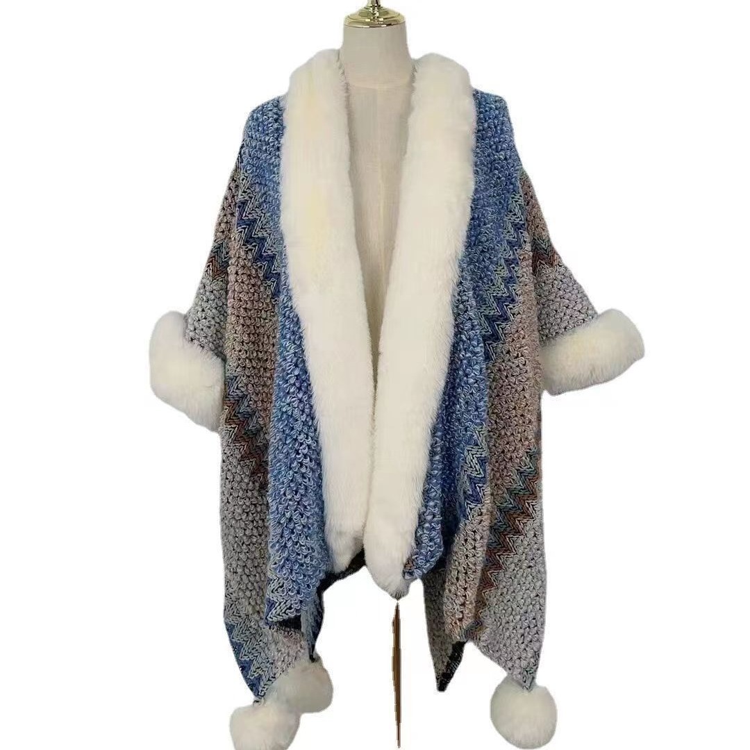 Scialle in stile etnico con collo in pelliccia, scialle a palla appeso, mantello termico_voghion.com