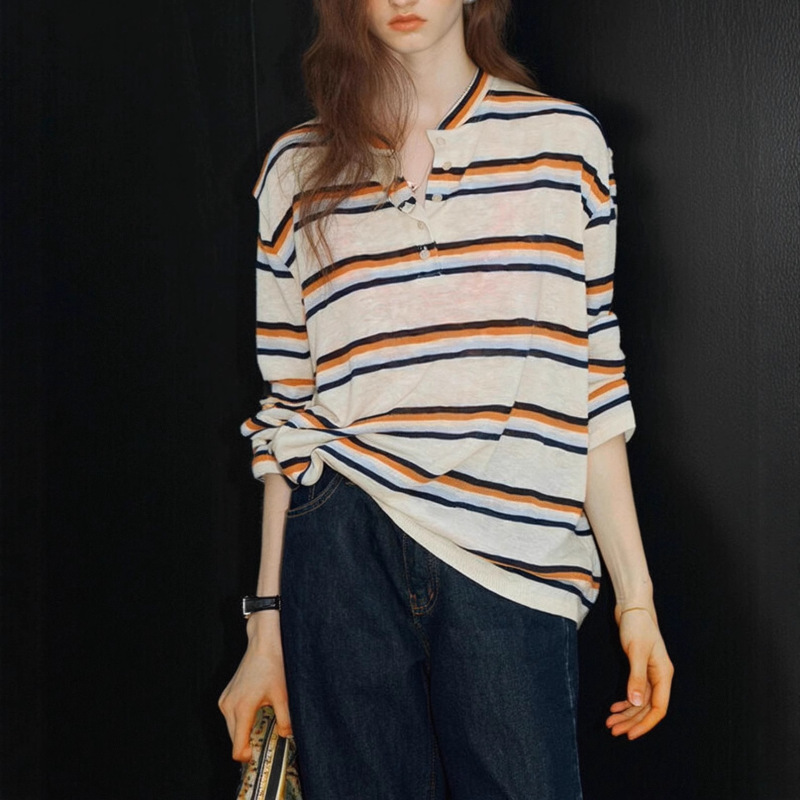 Retro Stripesd Half Open Henley Collar Long Sleeve Women's 2025 Autum New Casual Versatile T-Shirt Top