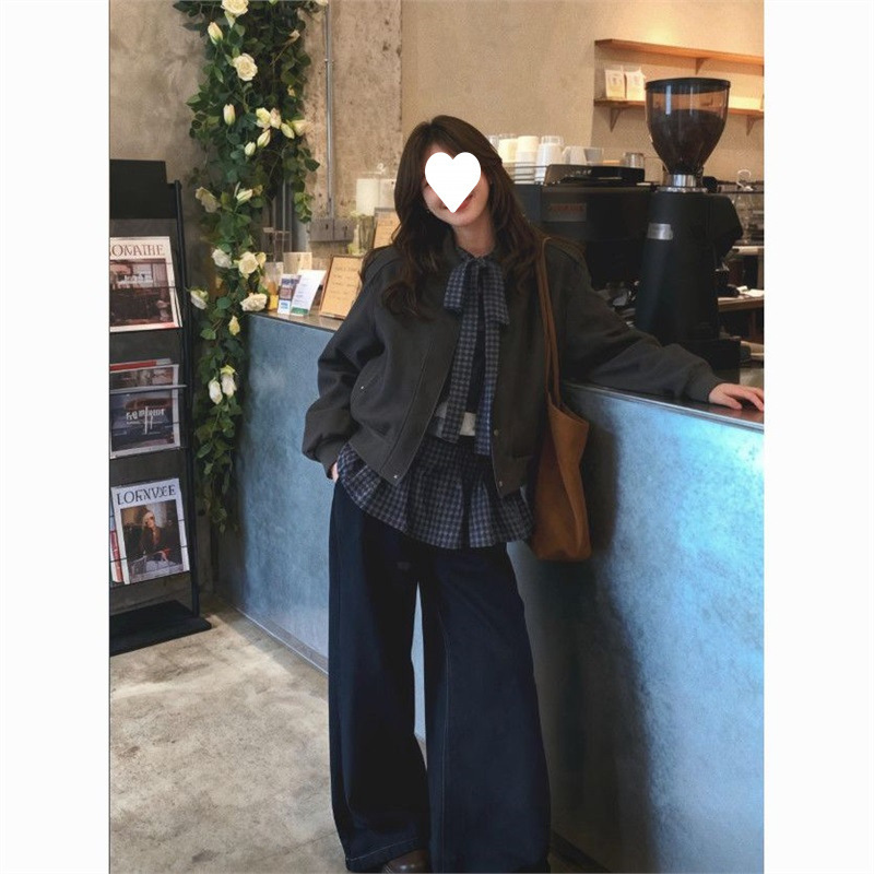 Suit for Women 202 Autumn and Winter New Korean Sexy Retro Baseball Uniform Jacket Woolen Outwear Long-Sleeved Plaid Shirt