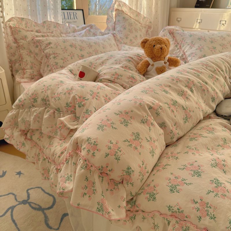 Princess-style floral lace washable cotton four-piece set bedroom single person three-piece set bedding set with duvet cover and bed skirt set