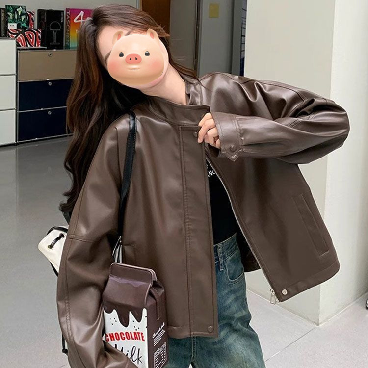 Maillard Coffee-Colored Leather Jacket for Women, Stand Collar, Early Spring and Autumn, Short Style, Petite, Cool Biker Jacket