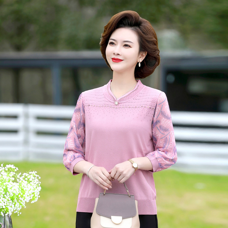 Middle-aged Women's Spring and Summer Short Cropped Sleeve T-shirt 2023 Spring New Arrival Mother's Yarn Sleeve Sweater All-match Top