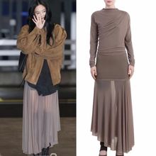 韩国小众 明星同款 透视网纱拼接鱼尾裙摆长袖连衣裙长裙