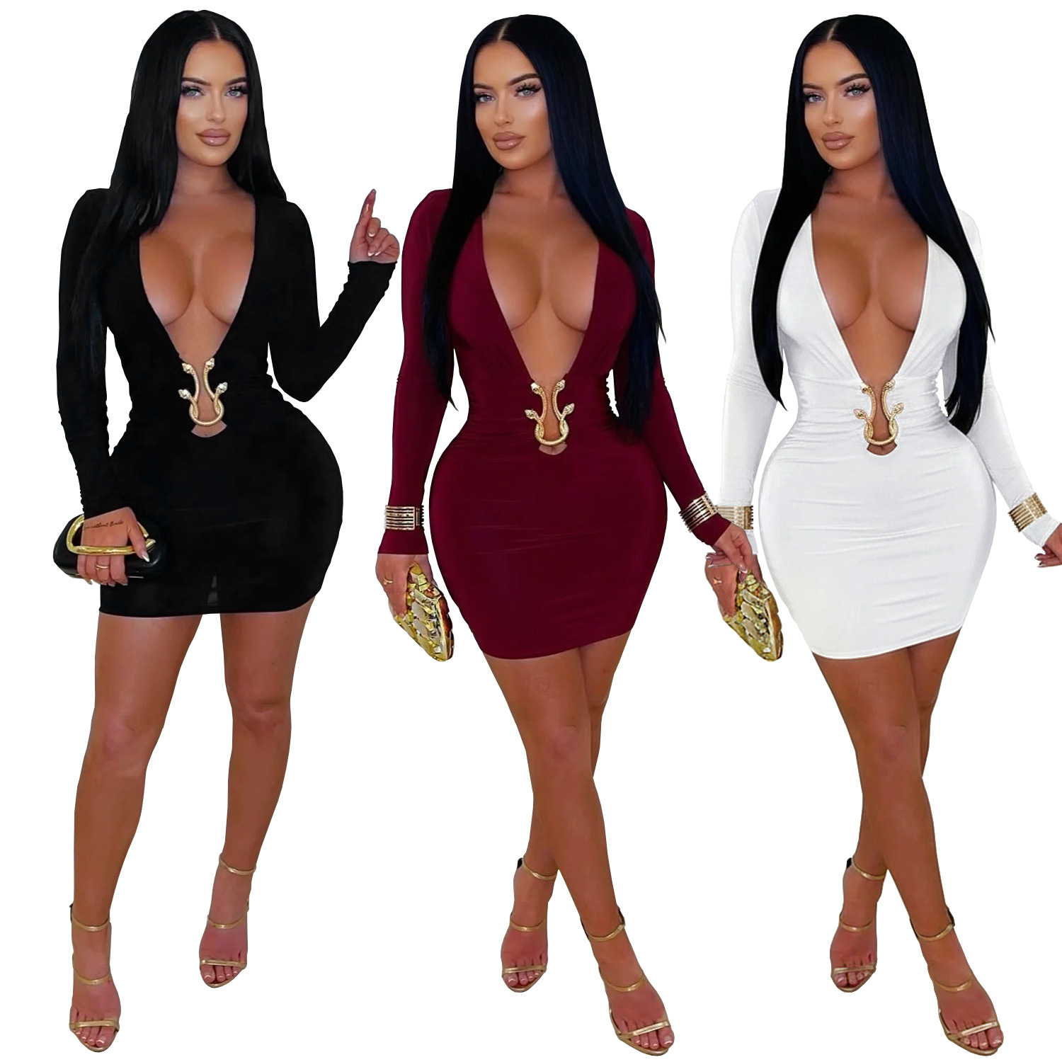 C7609 Aliexpress transfronterizo amazon ropa de moda europea y americana sexy profunda v vestido de acessorios en forma de serpiente image 6