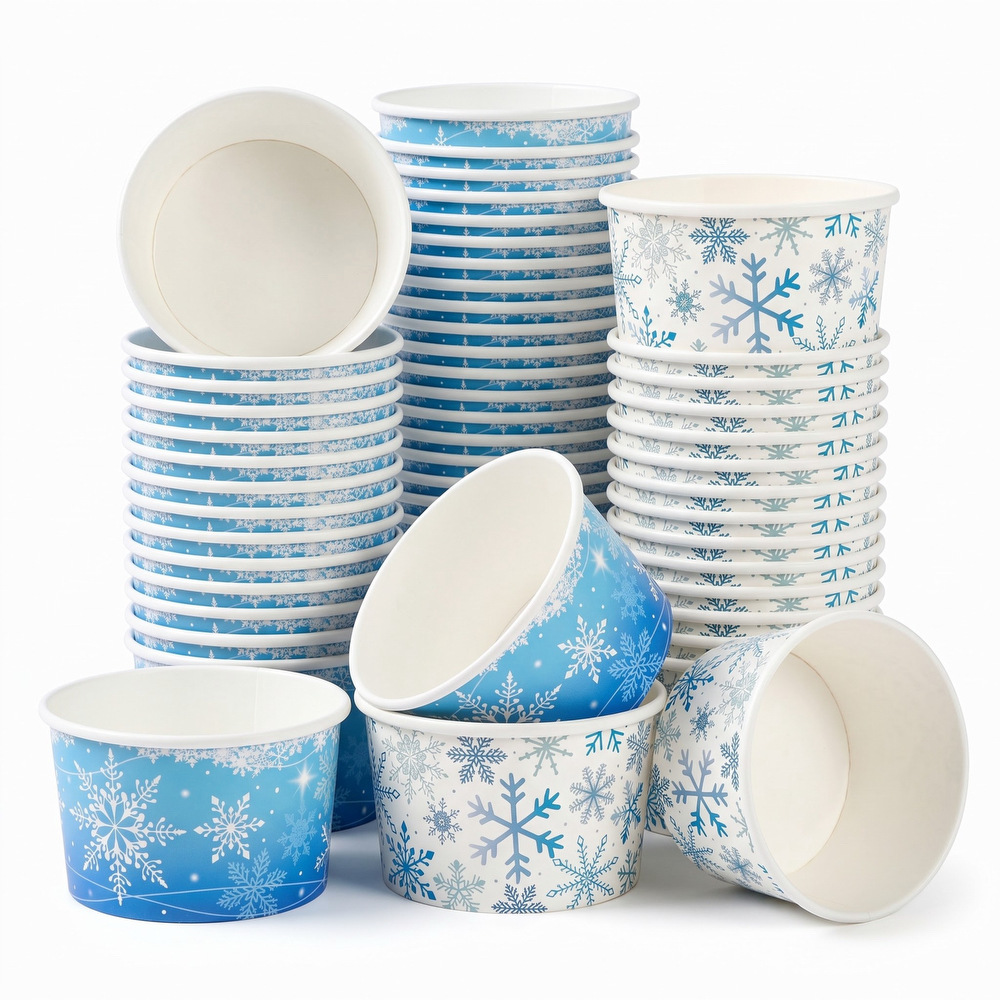Cross-border blue and white snowflake disposable paper cups, winter ice and snow theme paper cups for Christmas and New Year parties